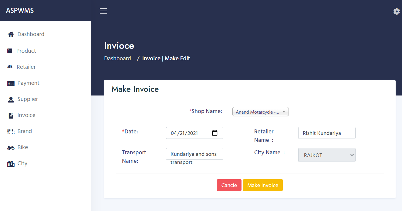 invoice add edit page